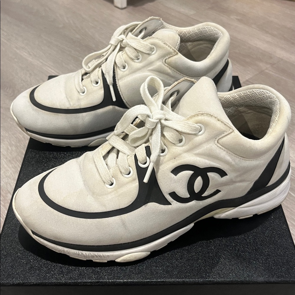 CHANEL white and Black Athletic Shoes